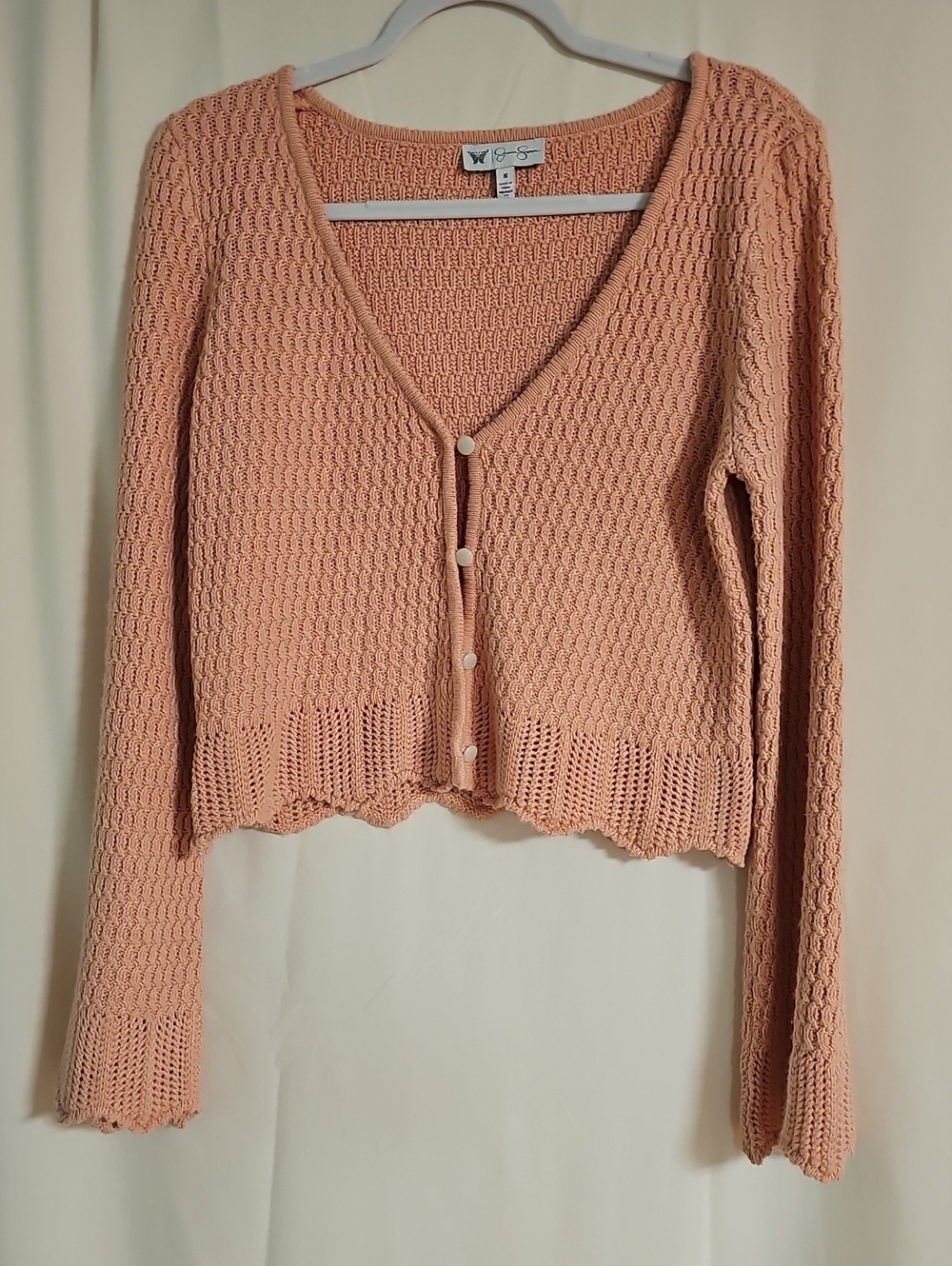 Jessica Simpson Peach Crochet-Textured Cropped Button Cardigan